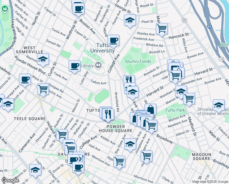 map of restaurants, bars, coffee shops, grocery stores, and more near 78 Bromfield Road in Somerville