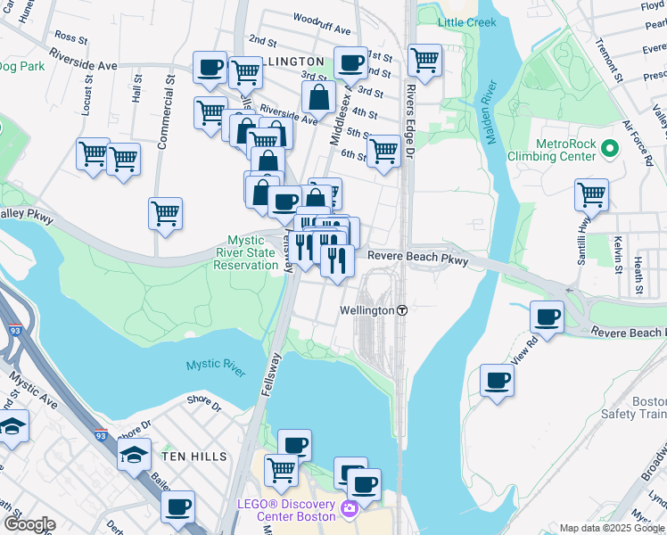 map of restaurants, bars, coffee shops, grocery stores, and more near 50 Station Landing in Medford