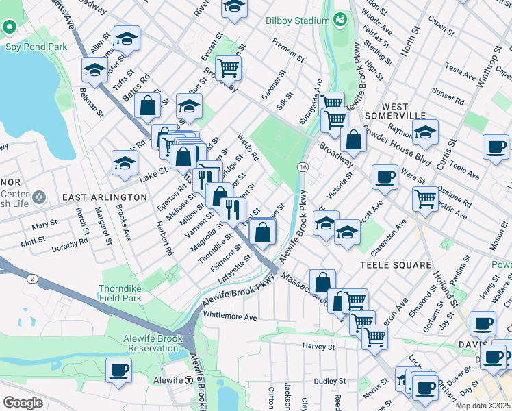 map of restaurants, bars, coffee shops, grocery stores, and more near 26 Teel Street in Arlington