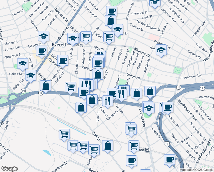 map of restaurants, bars, coffee shops, grocery stores, and more near 9 Irving Street in Everett