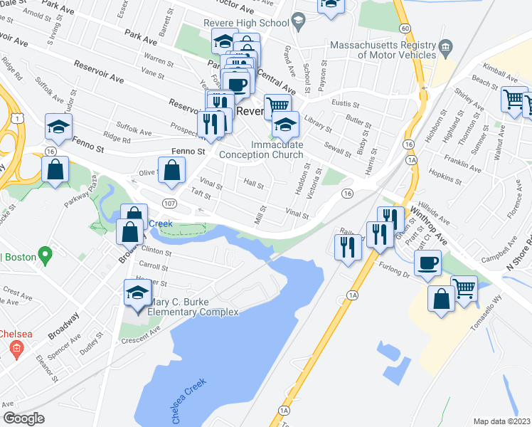 map of restaurants, bars, coffee shops, grocery stores, and more near 92 Mill Street in Revere
