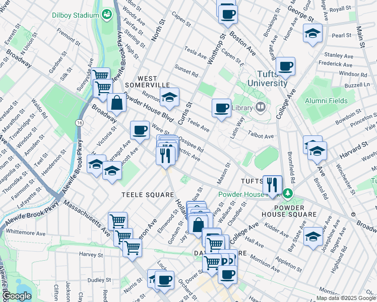 map of restaurants, bars, coffee shops, grocery stores, and more near 22 Lovell Street in Somerville