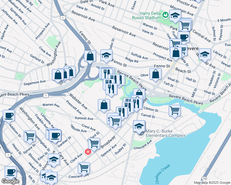map of restaurants, bars, coffee shops, grocery stores, and more near 1016 Revere Beach Parkway in Chelsea