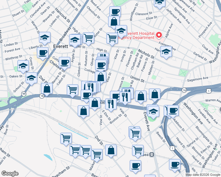 map of restaurants, bars, coffee shops, grocery stores, and more near 9 Irving Street in Everett
