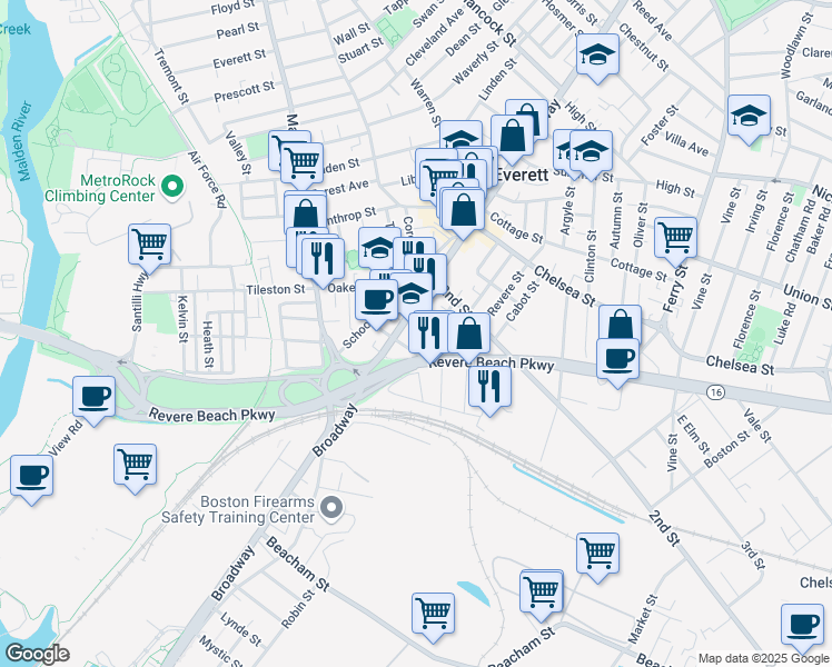 map of restaurants, bars, coffee shops, grocery stores, and more near 13 Gladstone Street in Everett