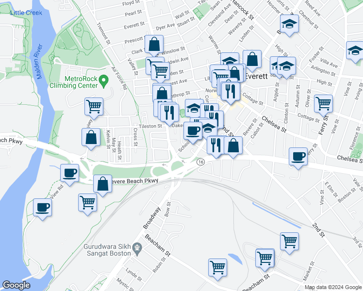 map of restaurants, bars, coffee shops, grocery stores, and more near 308 Broadway in Everett
