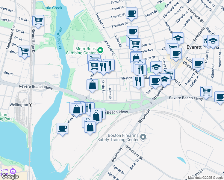 map of restaurants, bars, coffee shops, grocery stores, and more near 19 Heath Street in Everett