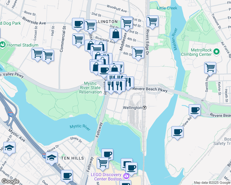map of restaurants, bars, coffee shops, grocery stores, and more near 62 Station Landing in Medford