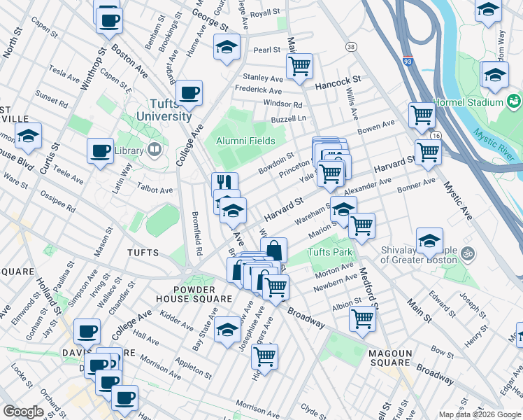 map of restaurants, bars, coffee shops, grocery stores, and more near 1 Berwick Road in Medford