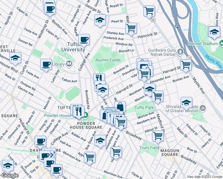 map of restaurants, bars, coffee shops, grocery stores, and more near in Medford