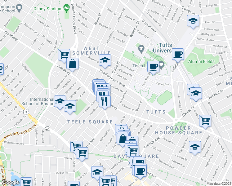 map of restaurants, bars, coffee shops, grocery stores, and more near 22 Lovell Street in Somerville