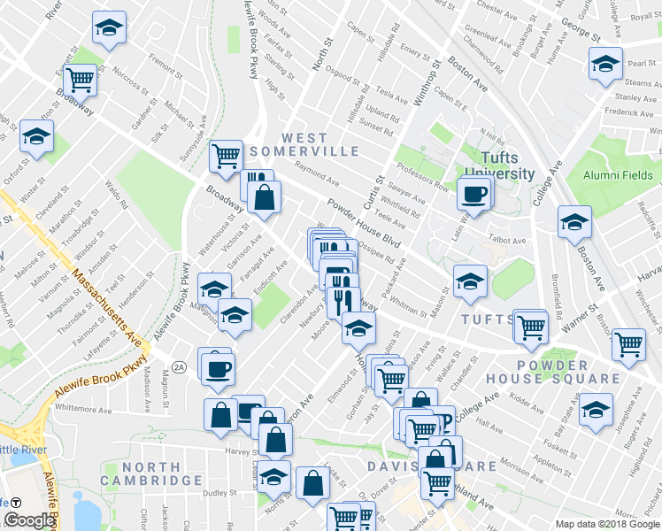 map of restaurants, bars, coffee shops, grocery stores, and more near 5 Curtis Street in Somerville
