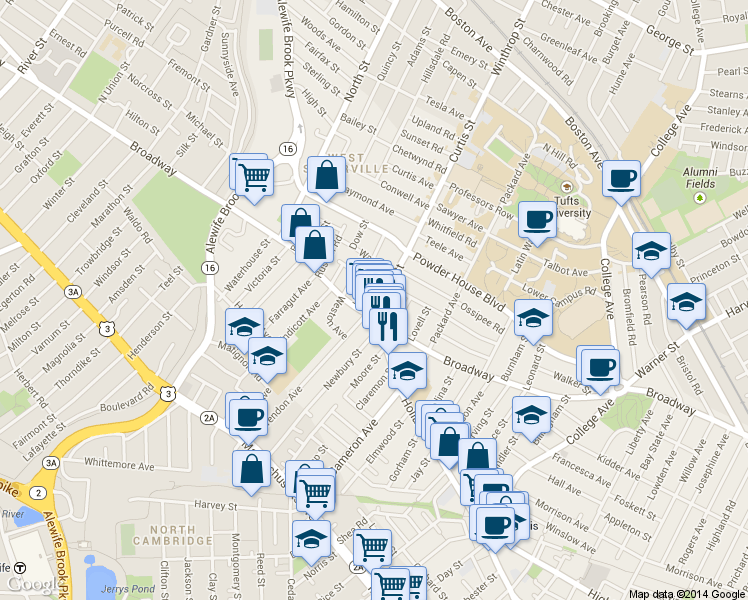 map of restaurants, bars, coffee shops, grocery stores, and more near 5 Curtis Street in Somerville