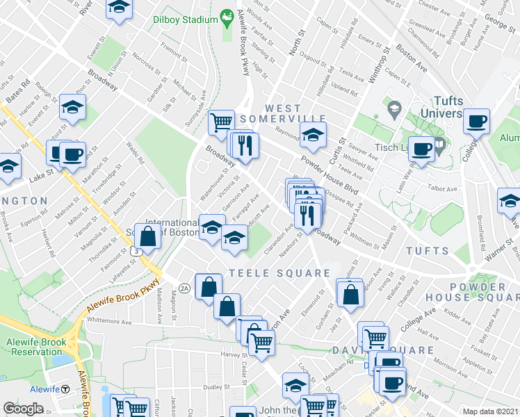 map of restaurants, bars, coffee shops, grocery stores, and more near 24 Endicott Avenue in Somerville