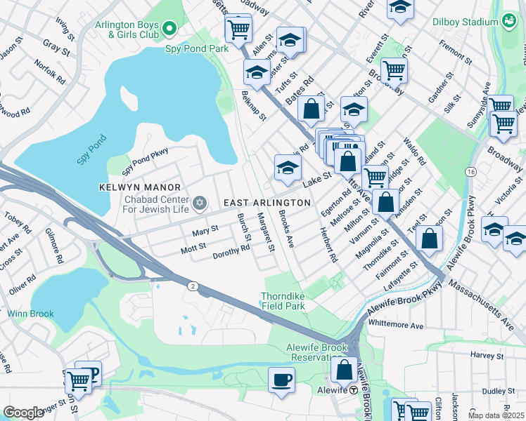 map of restaurants, bars, coffee shops, grocery stores, and more near 24-26 Margaret Street in Arlington