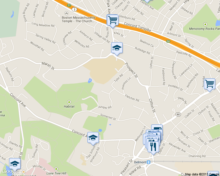map of restaurants, bars, coffee shops, grocery stores, and more near 114 Juniper Road in Belmont