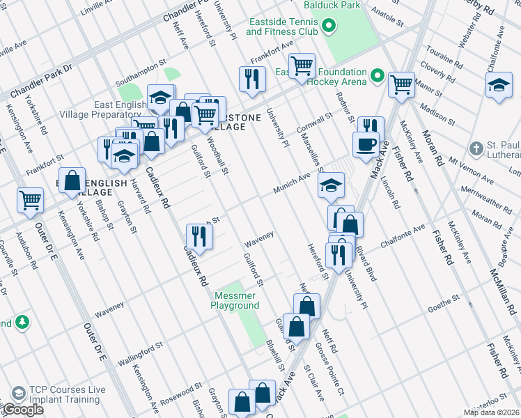 map of restaurants, bars, coffee shops, grocery stores, and more near 4364 Woodhall Street in Detroit