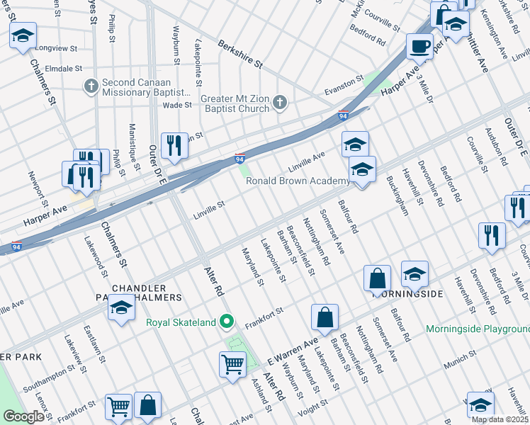 map of restaurants, bars, coffee shops, grocery stores, and more near 11111 Outer Drive East in Detroit
