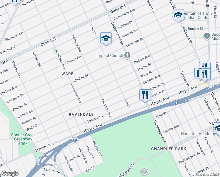 map of restaurants, bars, coffee shops, grocery stores, and more near 12584 Wade Street in Detroit