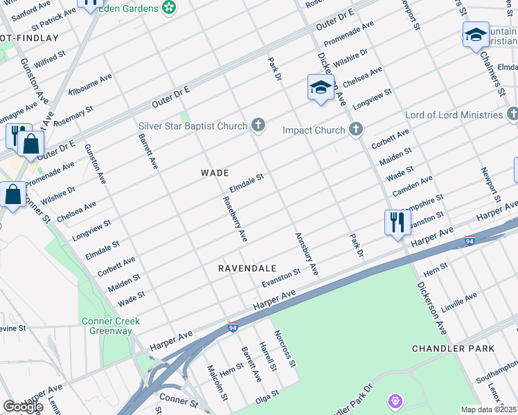 map of restaurants, bars, coffee shops, grocery stores, and more near 12220 Corbett Avenue in Detroit