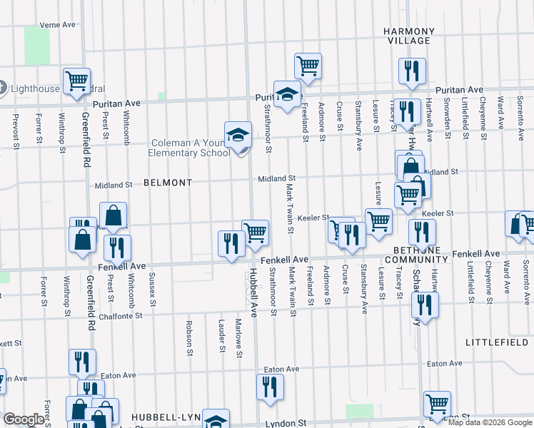 map of restaurants, bars, coffee shops, grocery stores, and more near 15384 Hubbell Avenue in Detroit