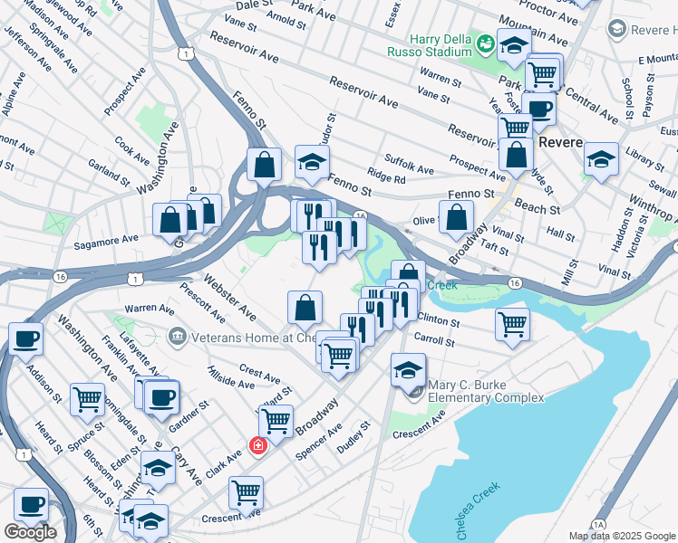 map of restaurants, bars, coffee shops, grocery stores, and more near 1020 Revere Beach Parkway in Chelsea