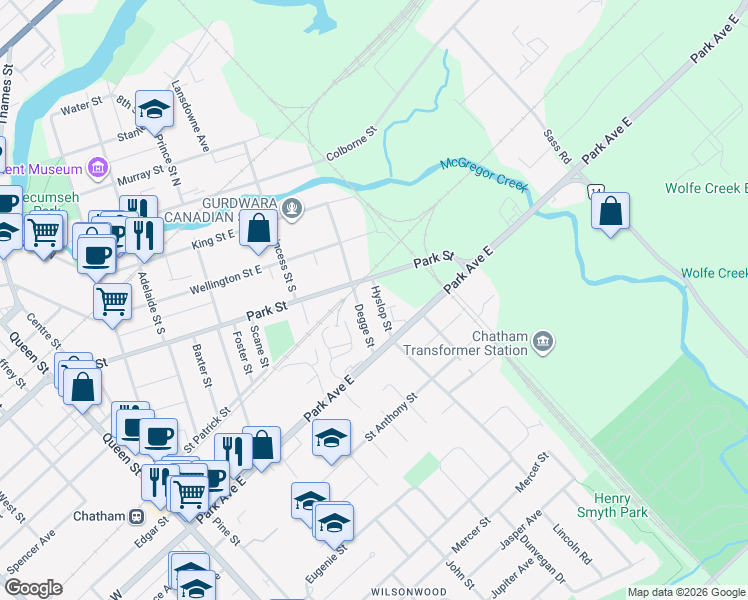 map of restaurants, bars, coffee shops, grocery stores, and more near 24 Hyslop Street in Chatham-Kent