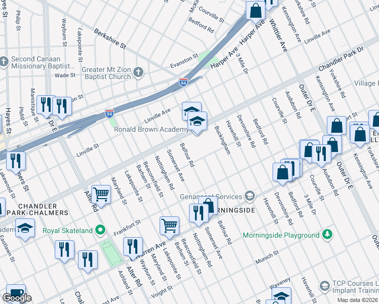 map of restaurants, bars, coffee shops, grocery stores, and more near 5544 Balfour Road in Detroit