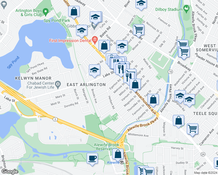 map of restaurants, bars, coffee shops, grocery stores, and more near 47 Egerton Road in Arlington