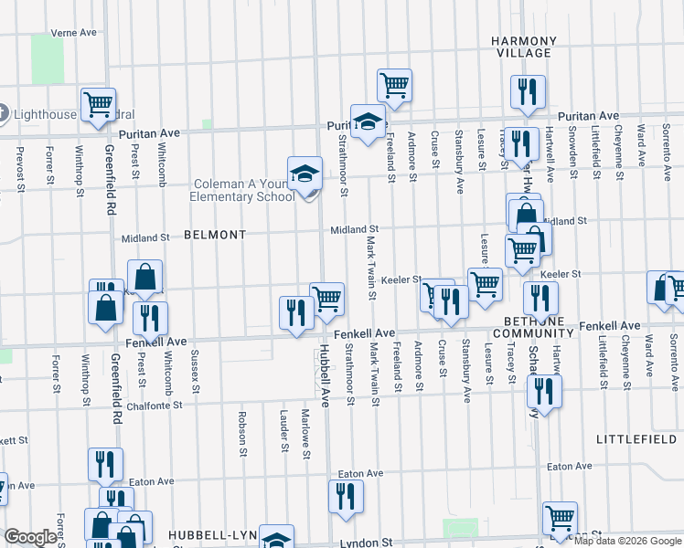 map of restaurants, bars, coffee shops, grocery stores, and more near 15384 Hubbell Avenue in Detroit