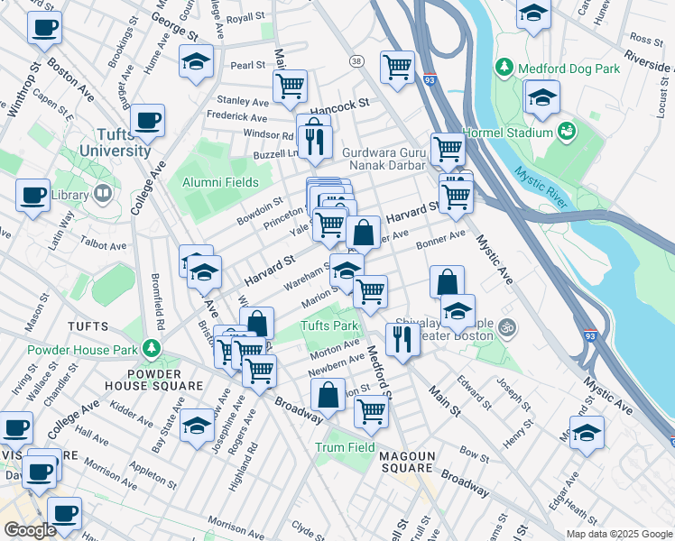 map of restaurants, bars, coffee shops, grocery stores, and more near 419 Main Street in Medford