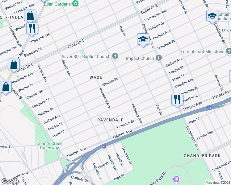 map of restaurants, bars, coffee shops, grocery stores, and more near 12220 Corbett Avenue in Detroit