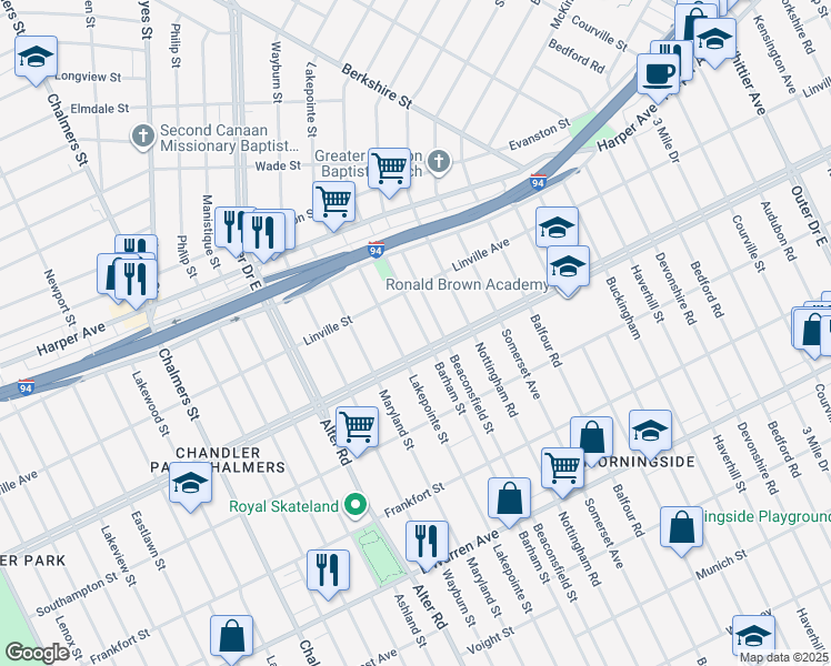 map of restaurants, bars, coffee shops, grocery stores, and more near 11111 Outer Drive East in Detroit