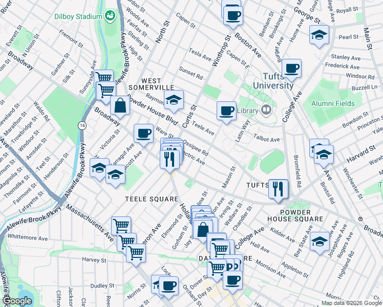 map of restaurants, bars, coffee shops, grocery stores, and more near 22 Lovell Street in Somerville