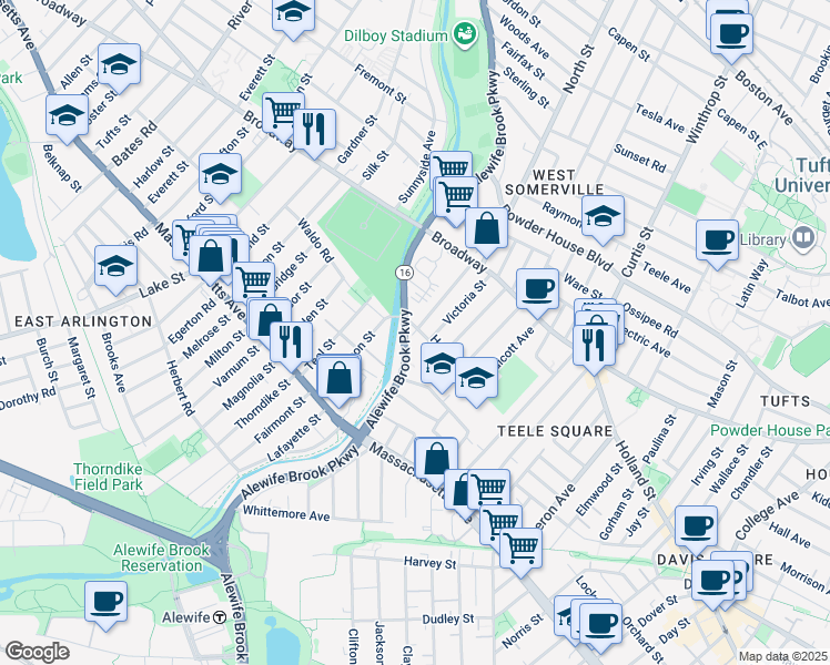map of restaurants, bars, coffee shops, grocery stores, and more near in Somerville