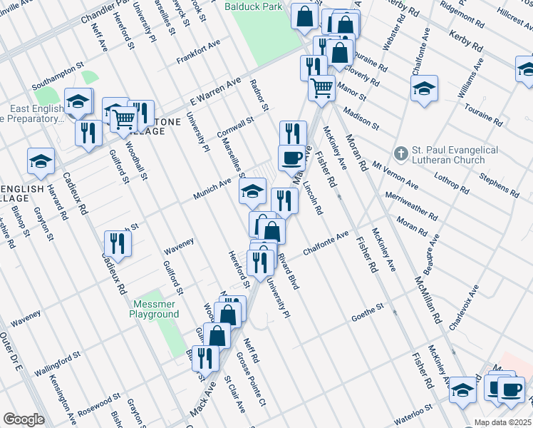 map of restaurants, bars, coffee shops, grocery stores, and more near 17949 Mack Avenue in Detroit