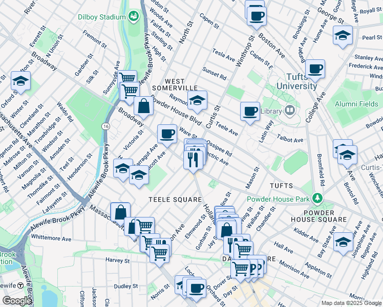 map of restaurants, bars, coffee shops, grocery stores, and more near 16 Curtis Street in Somerville