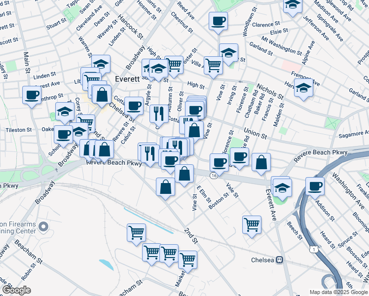 map of restaurants, bars, coffee shops, grocery stores, and more near 21 South Ferry Street in Everett