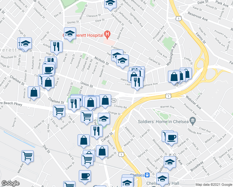 map of restaurants, bars, coffee shops, grocery stores, and more near 40 Reynolds Avenue in Chelsea