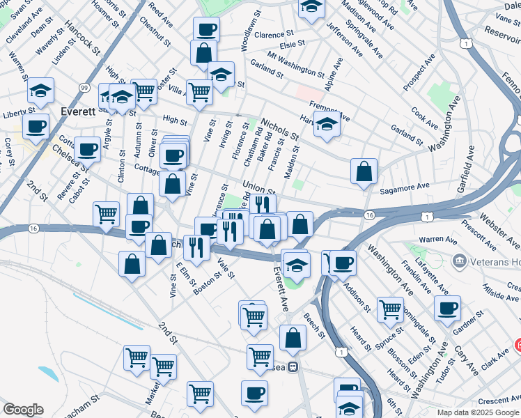 map of restaurants, bars, coffee shops, grocery stores, and more near in Everett