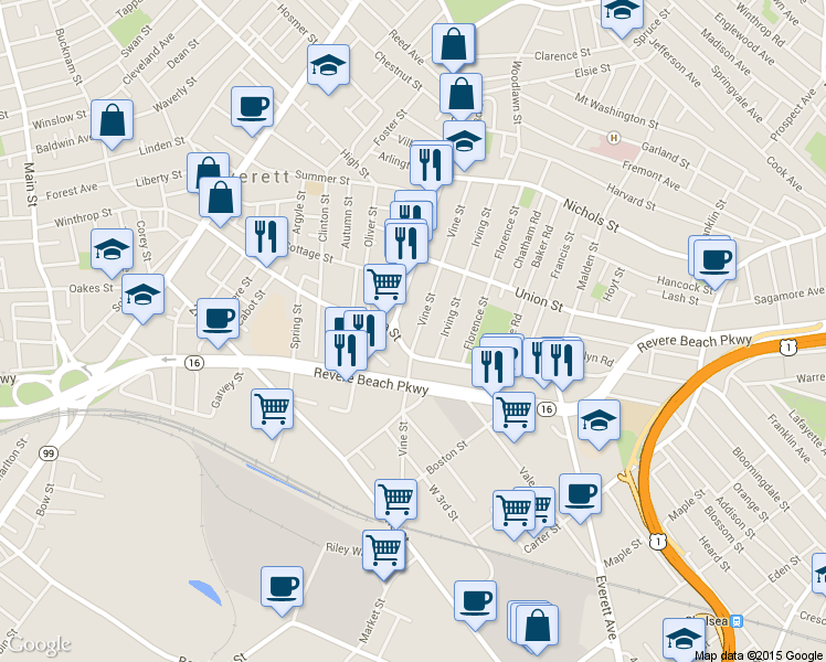 map of restaurants, bars, coffee shops, grocery stores, and more near 120 Vine Street in Everett