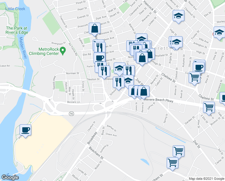 map of restaurants, bars, coffee shops, grocery stores, and more near 308 Broadway in Everett