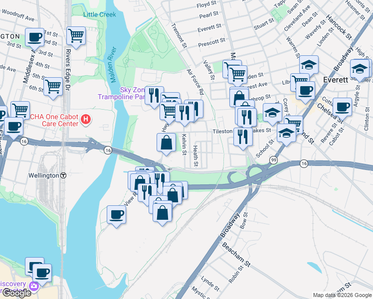 map of restaurants, bars, coffee shops, grocery stores, and more near 78 Wellington Avenue in Everett