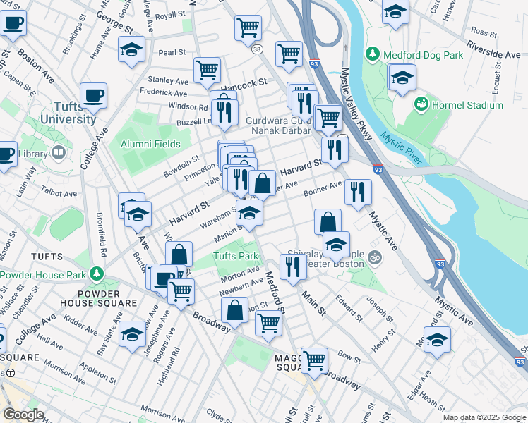 map of restaurants, bars, coffee shops, grocery stores, and more near 21 Mayberry Avenue in Medford