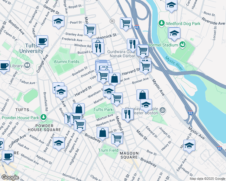 map of restaurants, bars, coffee shops, grocery stores, and more near 21 Mayberry Avenue in Medford