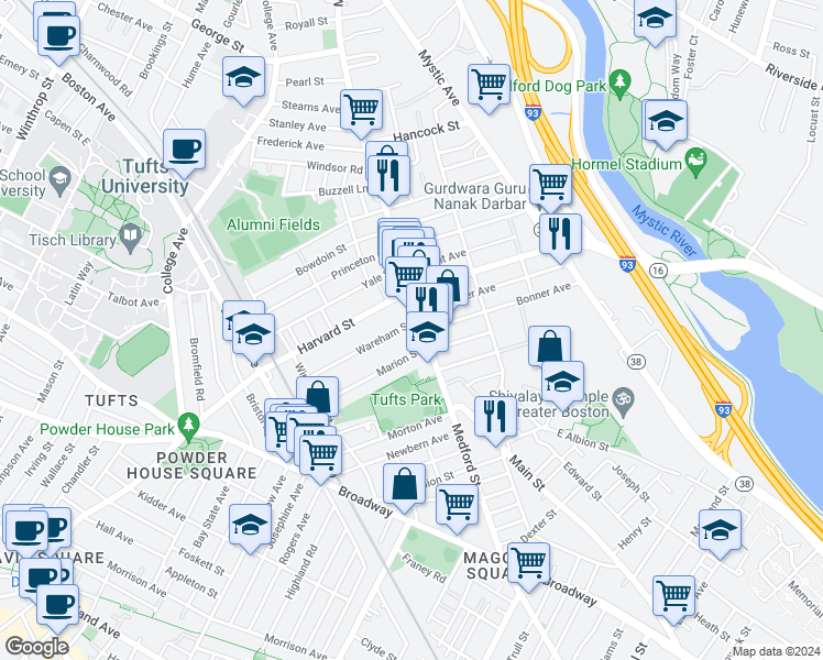 map of restaurants, bars, coffee shops, grocery stores, and more near 419 Main Street in Medford