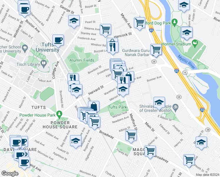 map of restaurants, bars, coffee shops, grocery stores, and more near 30 Wareham Street in Medford