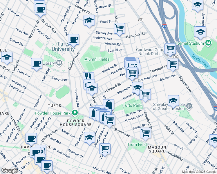 map of restaurants, bars, coffee shops, grocery stores, and more near 1 Berwick Road in Medford
