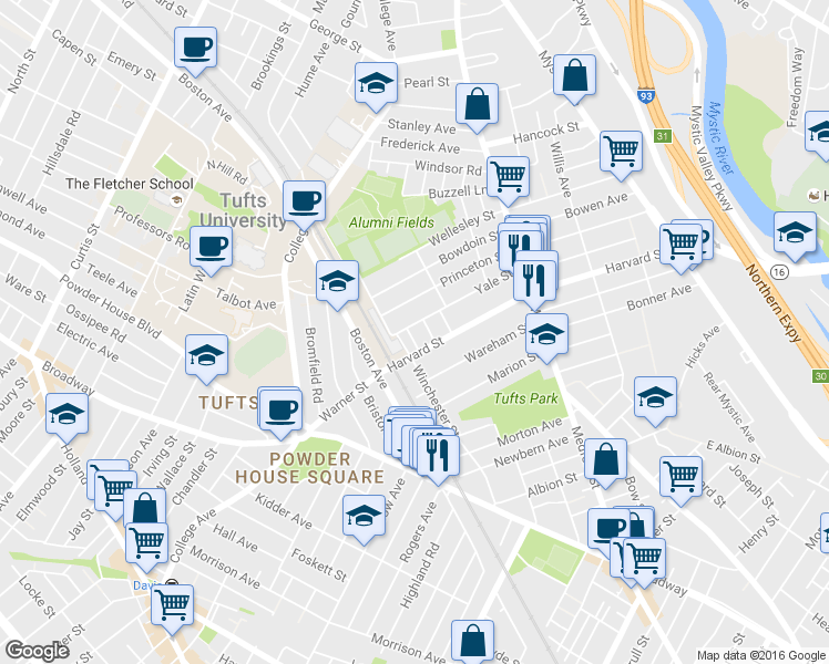 map of restaurants, bars, coffee shops, grocery stores, and more near 1 Berwick Road in Medford