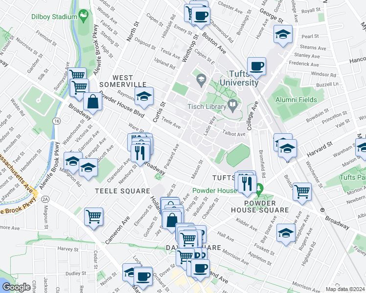 map of restaurants, bars, coffee shops, grocery stores, and more near 23 Ossipee Road in Somerville